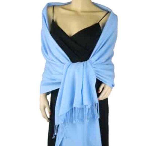 NWT Light Ice Blue Cashmere Scarf Foulard Pashmina fringe wrap w zipper dust bag - Picture 4 of 15